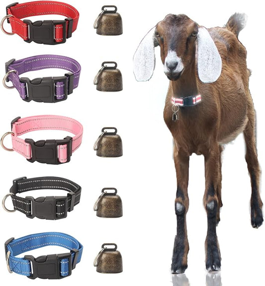 5 Pack Goat Collar with Bell, Reflective Adjustable Nylon Collar Set Sheep Collar with Bell, Pet Anti-Lost Grazing Copper Bells for Small Farm Animal Sheep Cow Pet Goat Accessories