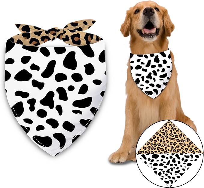 Cow Spots and Leopard Prints Dog Bandana Washable Pets Scarf Triangle Adjustable Handkerchief 2 Sides