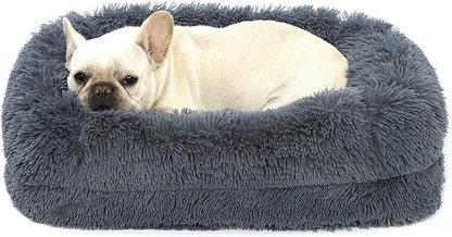 2 in 1 Calming Dog Beds for Small Dogs, Dual Layer Orthopedic Egg Crate Foam & Memory Foam Faux Fur Shag Pet Mattress Warming Rectangle Cuddle Bed Comfy Anti Anxiety, Washable Cover Anti-Slip