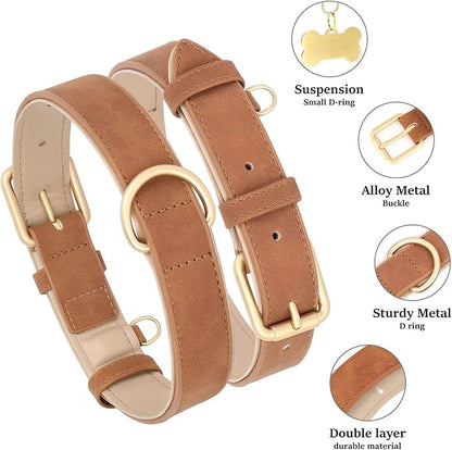 Didog Soft Padded Leather Dog Collar, Adjustable Dog Collars for Medium Dogs, Heavy Duty Medium Dog Collar Leather with Metal Buckle and D Ring,Brown,M