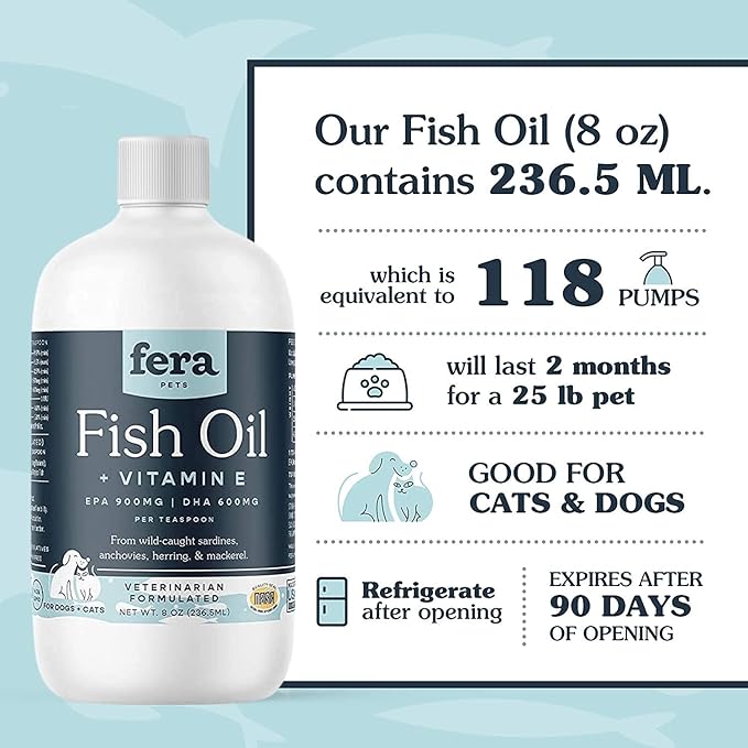 Fera Pets Fish Oil for Dogs & Cats – 8oz, 48 Servings – Vet Created - Liquid Fish Oil with Wild-Caught Fish - for Pet’s Skin, Immune & Brain Function