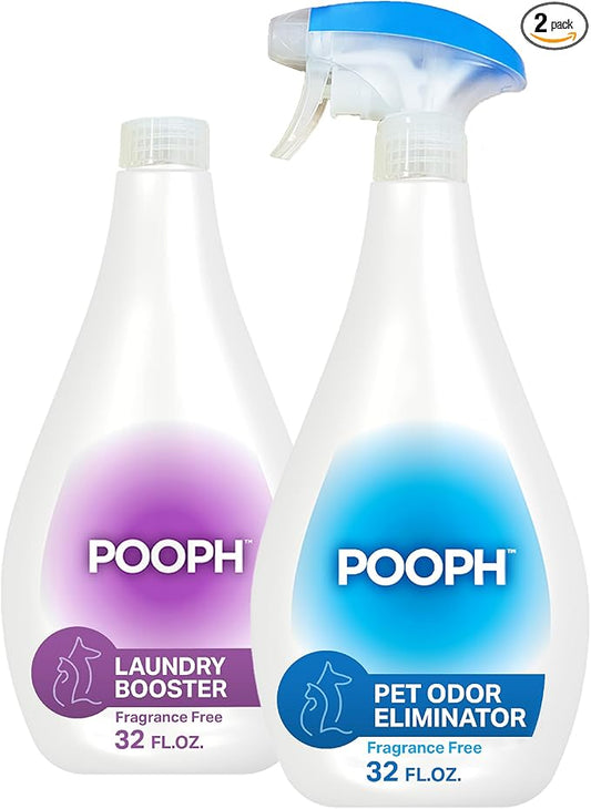 Pooph Pet Odor Eliminator & Pooph Laundry Additive - 2-32oz Bottles - Dismantles Odors on a Molecular Basis, Dogs, Cats, Freshener, Eliminator, Urine, Poop, Pee, Deodorizer, Puppy, Fresh, Clean