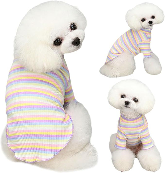 Small Medium Dog Clothes Rainbow Striped Dog Shirts Stretchable Long Sleeve Cat T-Shirt Pet Outfits for Chihuahua Yorkie Teddy (Purple Edge