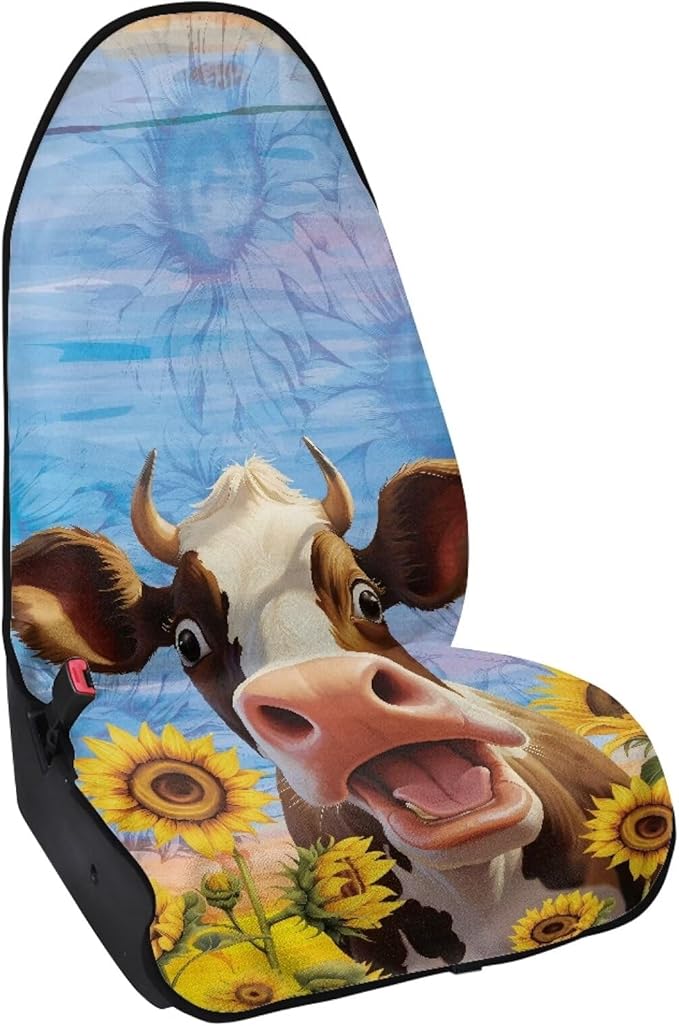 Cow Sunflower Sweatproof Towel Car Front Seat Cover Non-Slip Bucket Seat Protector Easy to Install for Athletes