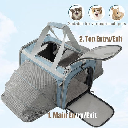 HSC PET Cat Bag Small Dog Carrier,Light Blue,Airline Approved,Expandable Soft-Sides Travel Handbag for Large Kitty,Puppy,Kittens Sturdy Transport Trip Totes,MAX 25lb(Blue,2Sides Expandable)