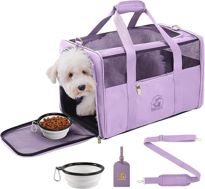 Luxury Pet Carrier for Dogs, Cats, Puppies - Airline TSA Approved, Durable Anti-Scratch Fabric, Soft-Sided, Consistent Airflow, Foldable Design, Cushion Pad, Travel (Lilac, Large)