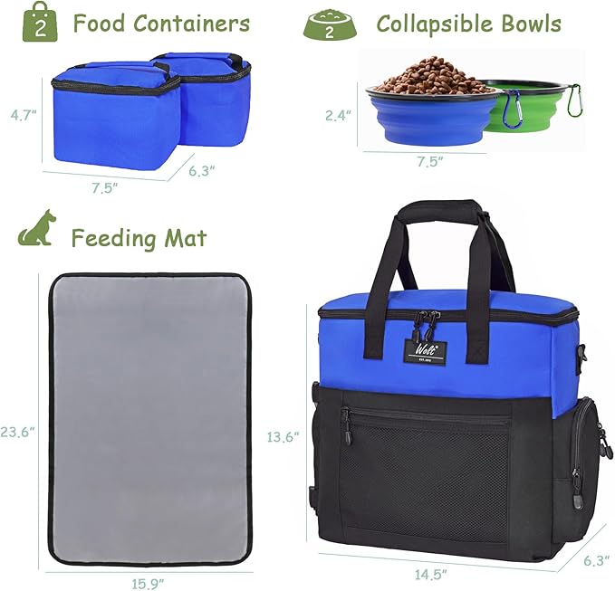 WOLT | Pet Travel Bag Kit for Dog Carrier & Travel, Includes 2 Food Containers + 2 Collapsible Bowls + 1 Placemat, Airline Approved Organizer for Pet Supplies Essentials Camping, Hiking, Weekend Away