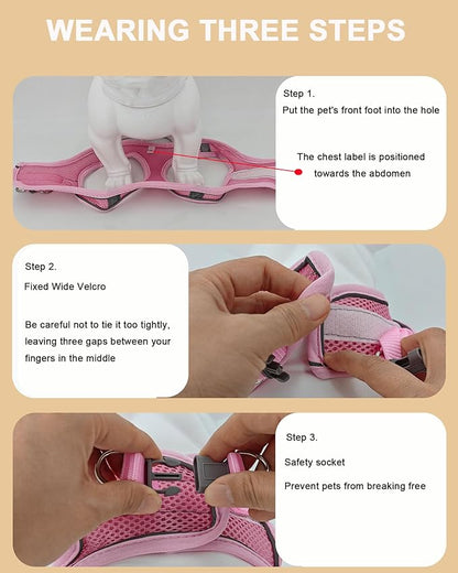 S Pink Soft Mesh Dog Harness and Leash Set,No Escape Easy Walk Puppy Harnesses for Training Walking， Reflective Adjustable Puppy Vest for Small Medium Dogs, Cats (Pink, S)