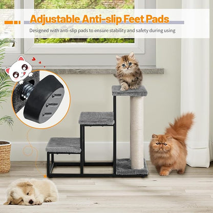 Snughome Dog Stairs & Cat Scratching Post for High Beds Couch 40 lbs 3-Step Stairs-Grey