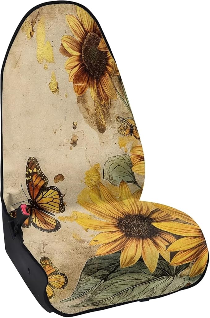 Vintage Sunflower Waterproof Towel Car Seat Cover Anti-Slip Bucket Seat Protector Washable Car Decro for Athletes