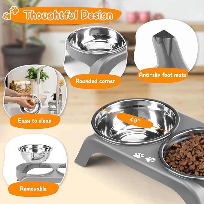 Elevated Cat Bowls - Anti-Vomiting Raised Cat Bowl Stand with 2 Thick Stainless Steel Cat Bowls Non-Slip for Small Medium Indoor Cats & Puppies, Dishwasher Safe Grey