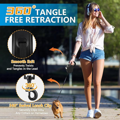 Retractable Dog Leash with Flashlight 16ft Walking Leash for Dogs up to 77lbs 360° Tangle-Free
