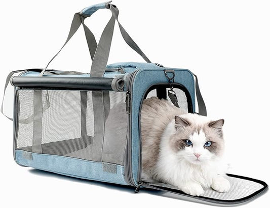 HSC PET Cat Carrier Blue Small Dog Bag,Soft-Sided Temporary Kennel for Puppy Traveling,5 Ventilated Mesh Windows with Curtains,18lb Puppy or 20lb Cat/Kittens