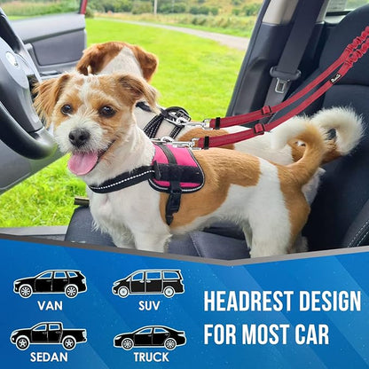 Lukovee Double Dog Seat Belt, New Dual Pet Car Headrest Restraint Safety Seatbelt No Tangle Dog Leash Duty Adjust Elastic Bungee Puppy Lead Splitter Connect Harness in Vehicle Travel for 2 Dogs (Red)