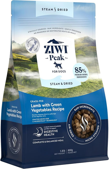 ZIWI Peak Steam & Dried Dog Food – Grass-fed Lamb with Green Vegetables Recipe - High Protein, Digestive Health, Low Carb, for All Breeds and Lifestages (1.8lb)