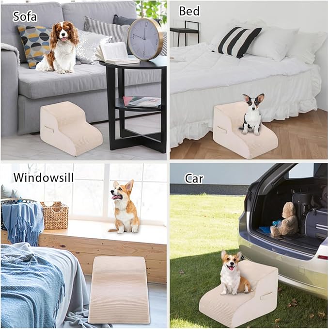 High Density Foam Dog Stairs Steps 13.7’’ Non-Slip 2-Tiers (Beige)