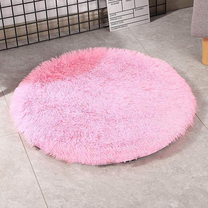 39 Inch Plush Dog Bed Mat Warm Fluffy Round Puppy Crate Pad with Anti-Slip Waterproof Bottom Soft Comfy Pet Kennel Mat for Small and Medium Dogs Sleeping(Pink)