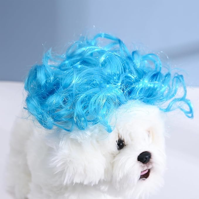 Funny Dog Cat Cosplay Wig, Headwear Apparel Toy, Pet Costumes, Cat Dress up for Halloween, Christmas, Parties, Festivals, Dog Wigs for Small Medium and Large Dogs (Explosive Blue)