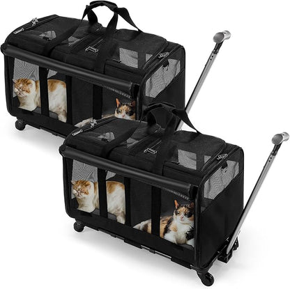 2 Set Double Cat Carrier with Wheel,Extra Large Pet Carrier for 2 Cats,Rolling Dog Carrier, Pet Travel Carrier for Outdoor Hiking Camping Veterinary Visits, Black