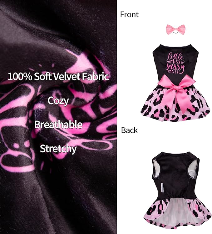 CuteBone Little Miss Sassy Pants Dog Leopard Print Dress Velvet for Small Dogs Girl Puppy Dresses Pink Dog Clothes CVA15M-D