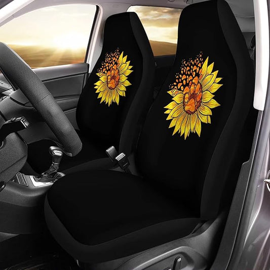 Yellow Sunflower & Paw Printed Car Front Seat Covers Sets 2 Pack
