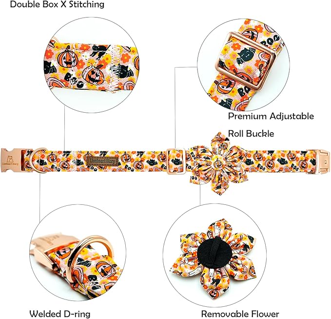 Lionheart glory Premium Halloween Dog Collars Flower Dog Collar Heavy Cotton Adjustable Fall Dog Collar for Large Dogs Pumpkin Dog Collar Flower Dog Collar with Bow Tie