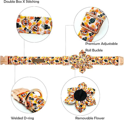 Lionheart glory Premium Halloween Dog Collars Flower Dog Collar Heavy Cotton Adjustable Fall Dog Collar for Small Dogs Pumpkin Dog Collar Flower Dog Collar with Bow Tie