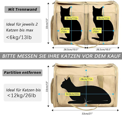 Rolling Cat Carrier on Wheels for 2 Cats - Double Compartment Cat Carrier with Wheels for 2 Small and Medium Cats - Ideal for Traveling/Hiking/Camping - 21" x 17" x 13" Not for Airline