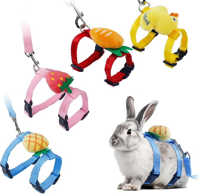 4 PCS Adjustable Rabbit Harness and Leash Set, Bunny Clothes for Rabbits, Small Pet Cute Vest Harness Leash with Decoration for Bunny Ferret Small Pets (4 Colour)