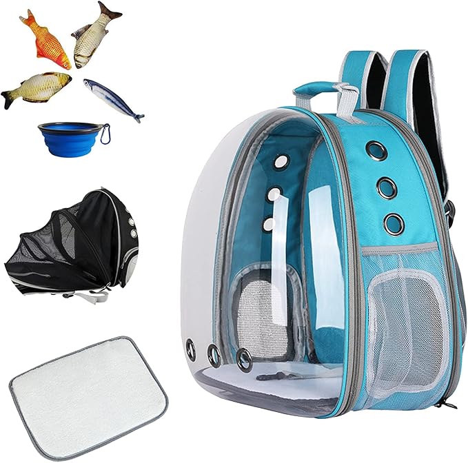 Cat Backpack Carriers, Expandable Optional, Foldable & Breathable, Pet Carrier for Puppy Small Dog Cat, Ventilate Transparent Clear Bubble Bag for Travel, Hiking and Outdoor Use, Light Blue