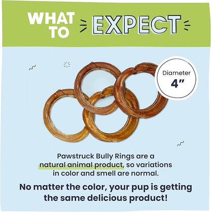 Pawstruck All-Natural 4" Bully Stick Rings for Dogs - Rawhide Free 100% Beef Single Ingredient Dental Chew Treat Bones - Fully Digestible Low Odor - 10 count - Packaging May Vary