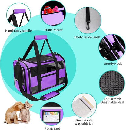 Cat Carrier Dog Carrier Pet Carrier Airline Approved for Small Dogs Medium Cats Puppies Under 15 Lbs, Collapsible Soft Sided Dog Travel Carriers for Puppy and Kitten, Purple