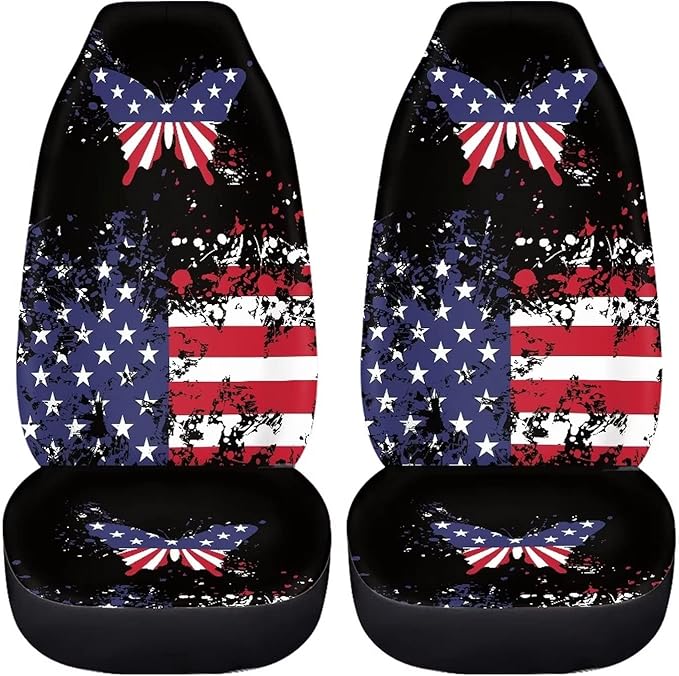 UNICEU Patriotic American Flag Butterfly 2 Packs Car Seat Covers Front Seat Only Protector Full Set 4th Natinal