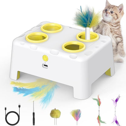 Interactive Cat Toys, 2-in-1 Automatic Cat Toy, 4 Holes Mice Whack A Mole Cat Mouse Toy with Moving Feather, Portable USB Rechargeable Electronic Kitten Toys (White & Yellow)