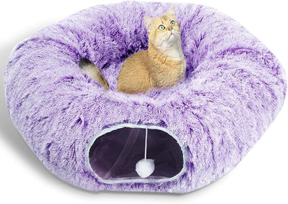 AUOON Cat Tunnel Bed with Central Mat,Big Tube Playground Toys,Soft Plush Material,Full Moon Shape for Kitten,Cat,Puppy,Rabbit,Ferret (Purple)