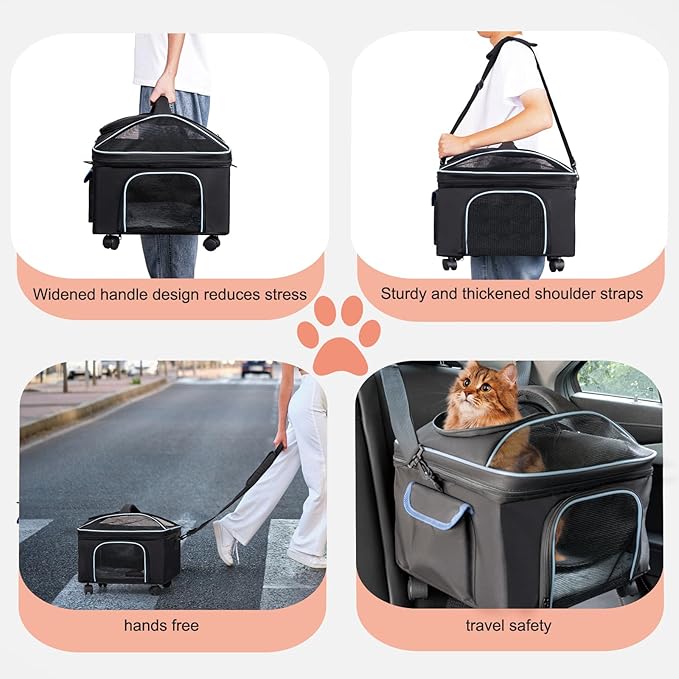 4-in-1 Dog Car Seat and Cat Carrier with Removable Wheels Booster Car Seats for Small Dogs Cats Comes with Shoulder Strap Clip-On Safety Leash and Thickened Pads, Pet Travel Carrier Bed up to 20 lbs