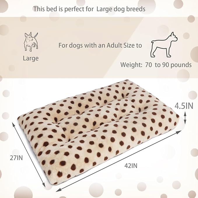 42 Inch Dog Bed Plush and Washable Dog Crate Pad 42x28 for Large Dogs, Comfortable Dog Bed for Kennel Large, Anti-Slip, Beige with Coffee Dots, Suitable for Dogs up to 80 lbs