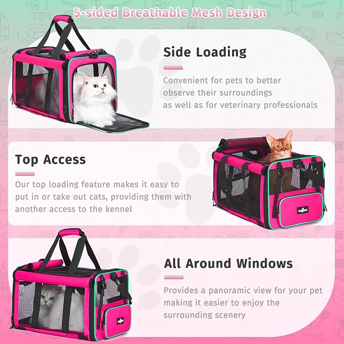 Pet Carrier, Durable Airline Approved Dog Cat Carrier, Collapsible Cat Travel Carrier Bag with Rollable Cover, Soft Cat Carrier for Small Medium Cats & Dogs Under 20 lbs, Pink