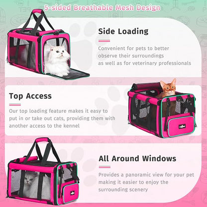 Pet Carrier, Durable Airline Approved Dog Cat Carrier, Collapsible Cat Travel Carrier Bag with Rollable Cover, Soft Cat Carrier for Small Medium Cats & Dogs Under 20 lbs, Pink