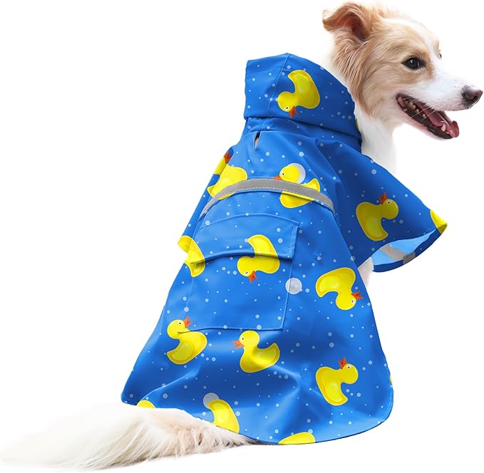 NACOCO Large Dog Raincoat Adjustable-Pet Rubber Ducks Yellow Water Proof Clothes Lightweight Rain Jacket Poncho Hoodies with Strip Reflective Blue (Blue L