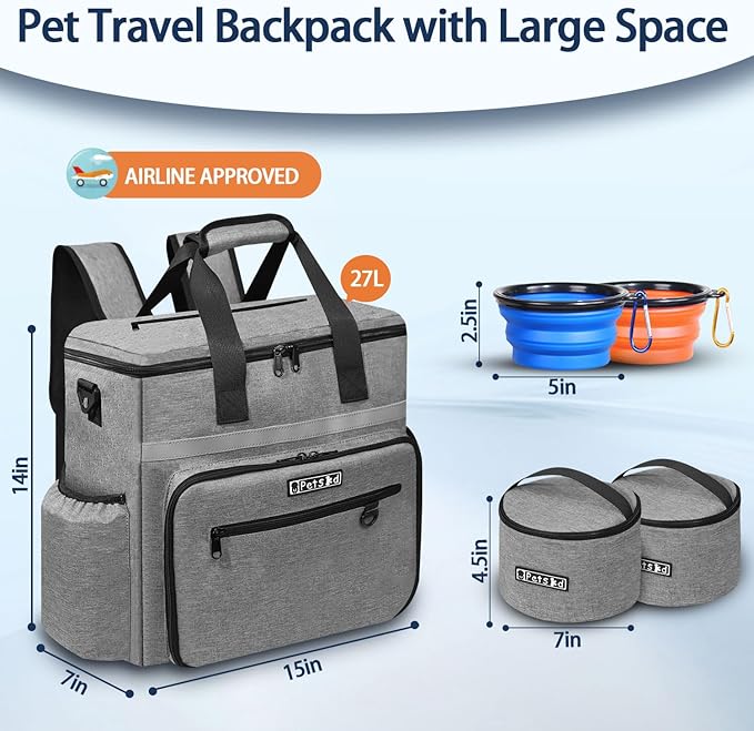 Petskd Dog Travel Bag for Supplies, 27L Large Space Pet Organizer Backpack, Airline Approved Dog Weekend Bag with Multi-Function Pockets for Overnight Camping with 2 Food Containers, 2 Bowls (Grey)