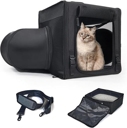 Cat Travel Carrier with Litter Box Portable Single Cat Carriers for Cat and Pet Shelter Ideal for Single Cat Soft Foldable Design with Shoulder Strap, One Hammocks and Cushion