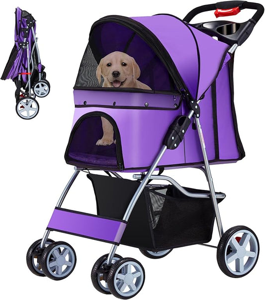 Pet Stroller 4 Wheels Dog Cat Stroller for Medium Small Dogs Cats, Folding Cat Jogger Stroller with Storage Basket & Breathable Mesh, Easy to Walk Travel Carrier, Purple