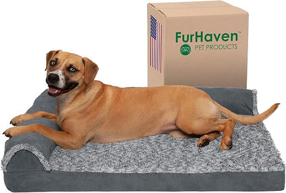 Furhaven Cooling Gel Dog Bed for Large/Medium Dogs w/ Removable Bolsters & Washable Cover 55 lbs
