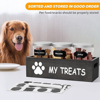 Dog Treat Jar for Countertop - Dog Treat Container with 3 Jars - Pet Food Organizer For Puppy - Airtight Grey Wooden Dog Treat Storage With Lids - Great Gift for Pet Dog Owners