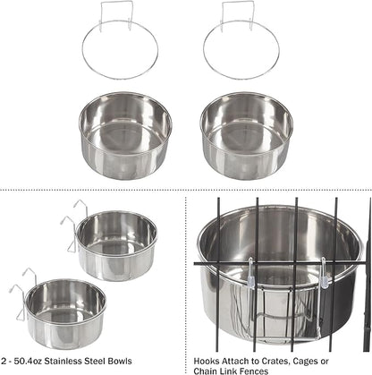 Set of 2 Stainless-Steel Dog Bowls - Cage, Kennel, and Crate Hanging Pet Bowls for Food and Water - 50.4oz Each and Dishwasher Safe by PETMAKER