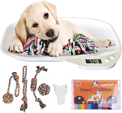 Integrated Puppy Scale,Multi-Function LCD Scale Digital Weight with 4 Dog RopeToy＆15 Adjustable Puppy Collars,Perfect Puppy/Kitty/Hamster/Hedgehog,Capacity up to 33 lb,Length 11inch White