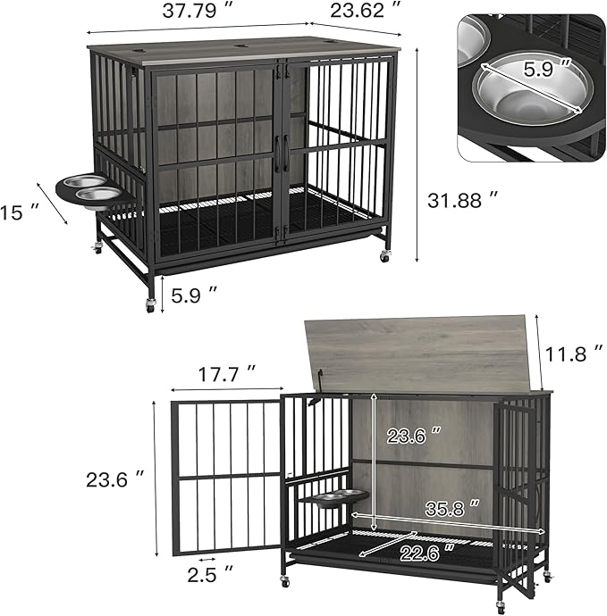 NicBex Dog Crate Furniture Dog Cage with 360 Degree Rotation Height Adjustable Feeding Bowls