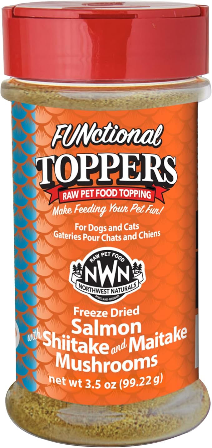 Northwest Naturals Freeze-Dried Salmon, Shiitake & Maitake Mushrooms Functional Topper - for Dogs & Cats - Healthy, Limited Ingredients, Human Grade Pet Food, All Natural - 3.5 Oz (Packaging May Vary)