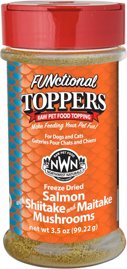 Northwest Naturals Freeze-Dried Salmon, Shiitake & Maitake Mushrooms Functional Topper - for Dogs & Cats - Healthy, Limited Ingredients, Human Grade Pet Food, All Natural - 3.5 Oz (Packaging May Vary)